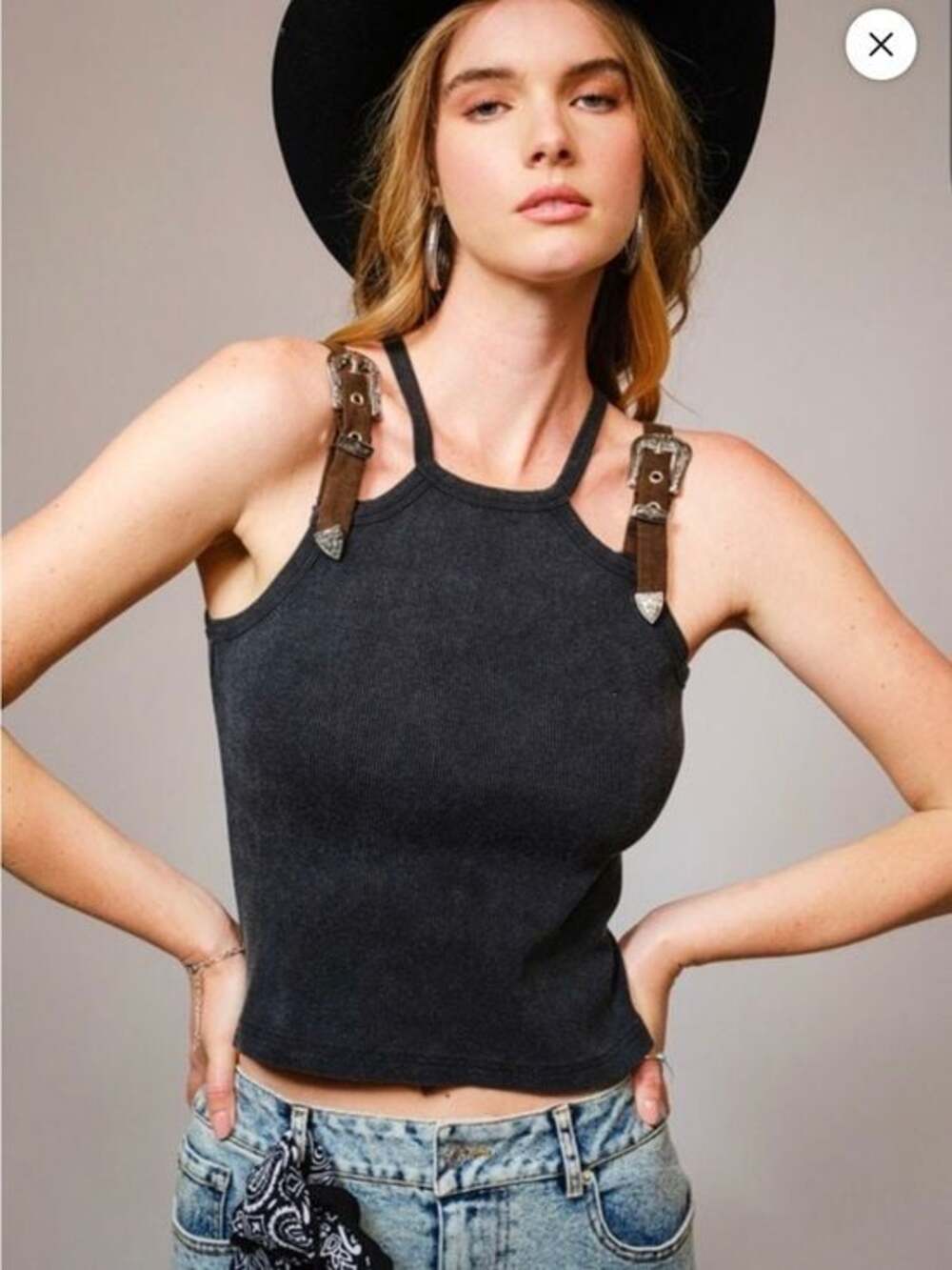 Washed Black Buckle-Strap Halter Tank Top - NWT - Size L